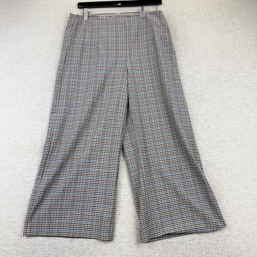 LOFT Womens Size 8 Plaid Wide Leg Crop Pants Blue Brown Check Side Zip Trousers